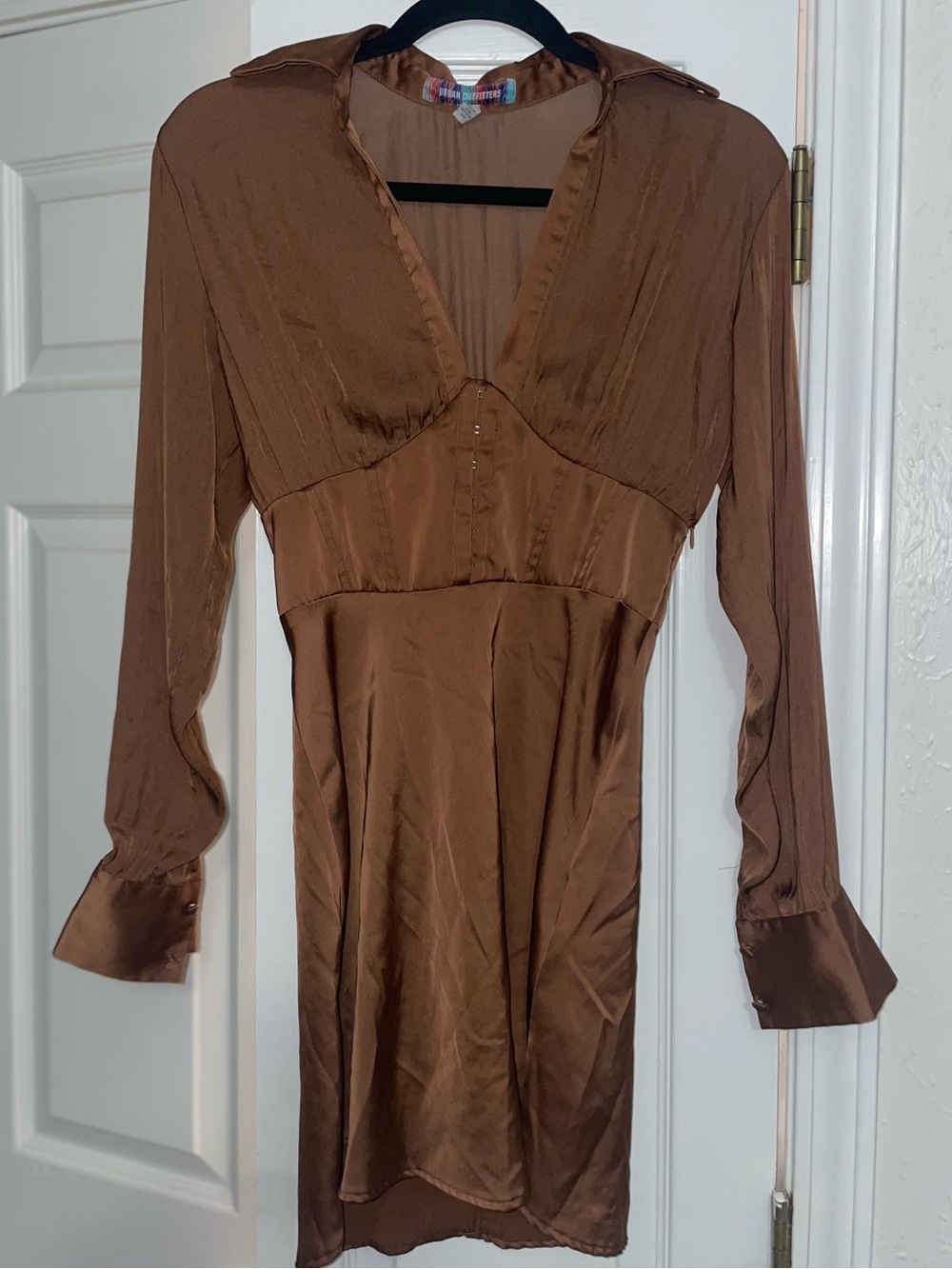 Urban Outfitters Phoebe Brown Satin Corset Mini Dress Long Sleeve XS